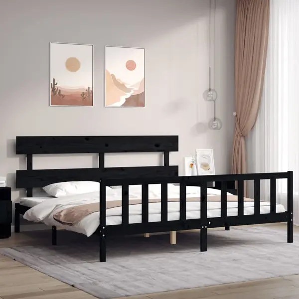 Gossi cadru pat cu tablie 200x200 cm, negru, lemn masiv