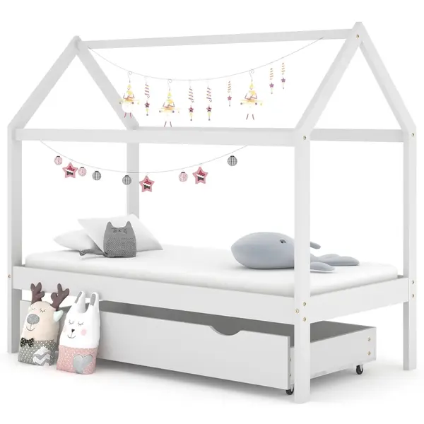 Gossi cadru pat de copii cu un sertar, alb, 80x160 cm, lemn masiv pin
