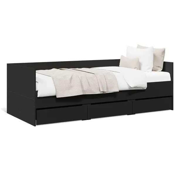 Gossi cadru pat de zi cu sertare, negru, 75x190 cm, lemn prelucrat