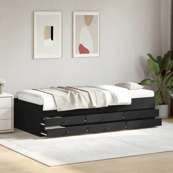 Gossi cadru pat de zi cu sertare, negru, 75x190 cm, lemn prelucrat