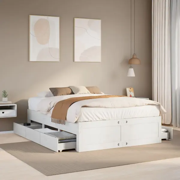 Gossi cadru pat fara saltea/cu sertare alb, 150x200cm, lemn masiv pin