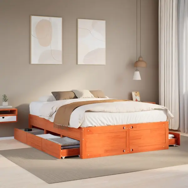 Gossi cadru pat fara saltea/cu sertare maro 140x190 cm lemn masiv pin