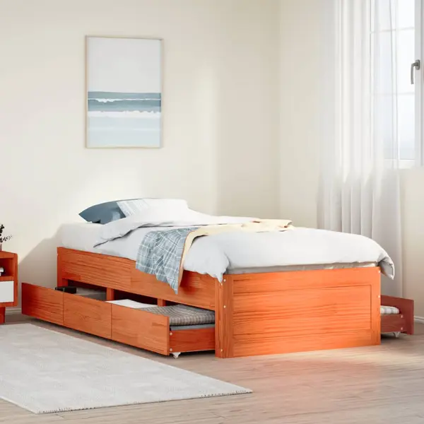 Gossi cadru pat fara saltea/cu sertare maro 90x190 cm lemn masiv pin
