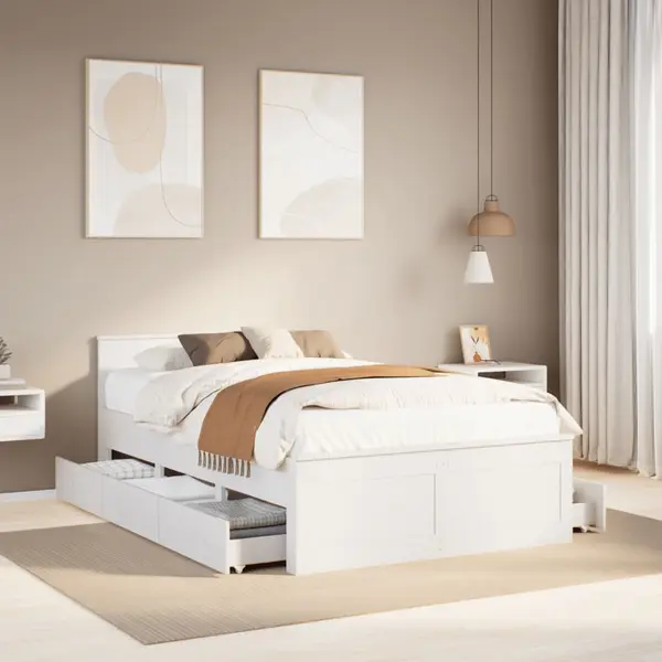 Gossi cadru pat fara saltea/cu tablie, alb, 135x190cm, lemn masiv pin