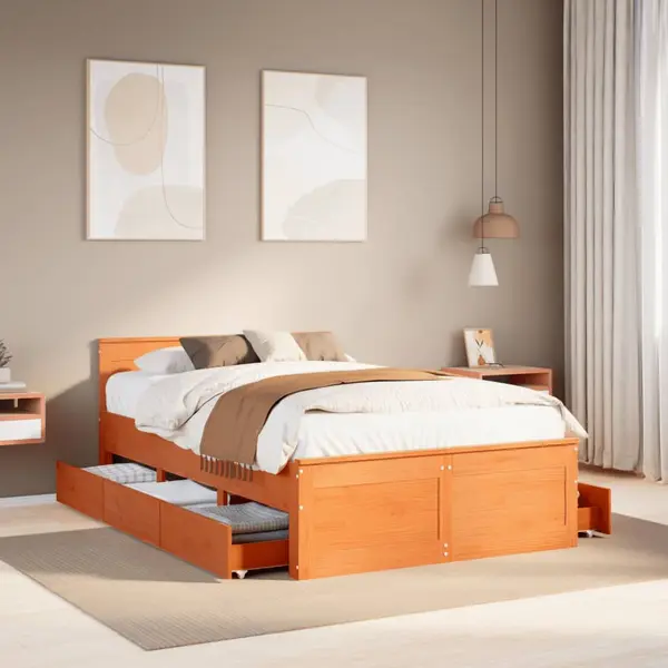 Gossi cadru pat fara saltea/cu tablie maro 135x190 cm lemn masiv pin