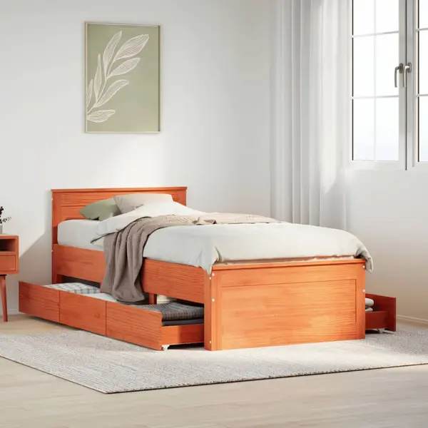 Gossi cadru pat fara saltea/cu tablie maro 90x200 cm lemn masiv pin