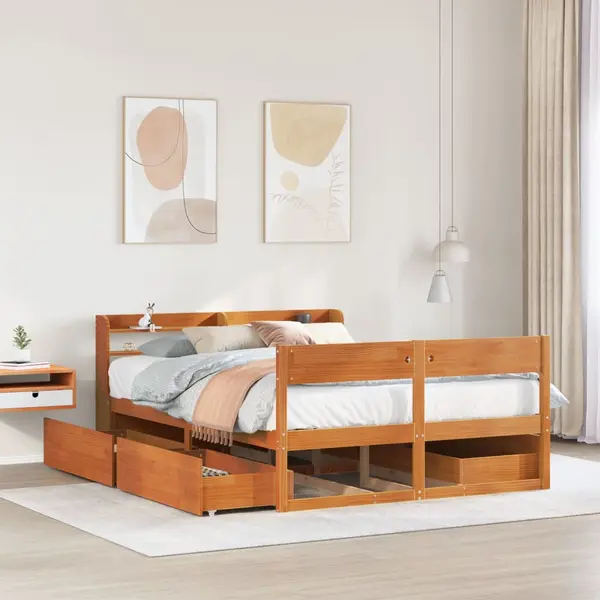 Gossi cadru pat fara saltea, maro ceruit, 135x190 cm, lemn masiv pin