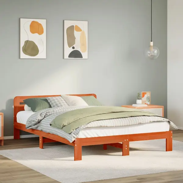 Gossi cadru pat fara saltea, maro ceruit, 135x190 cm, lemn masiv pin