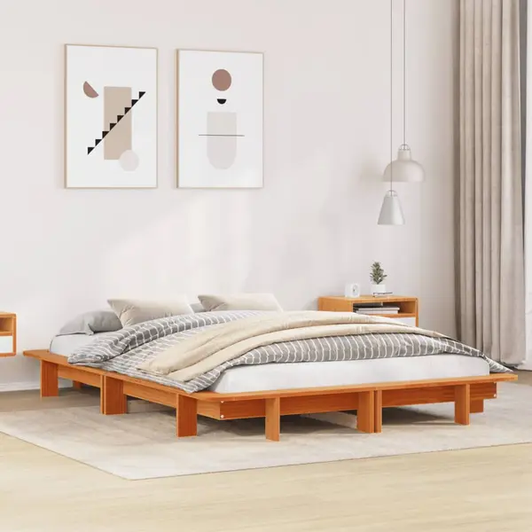 Gossi cadru pat fara saltea, maro ceruit, 135x190 cm, lemn masiv pin
