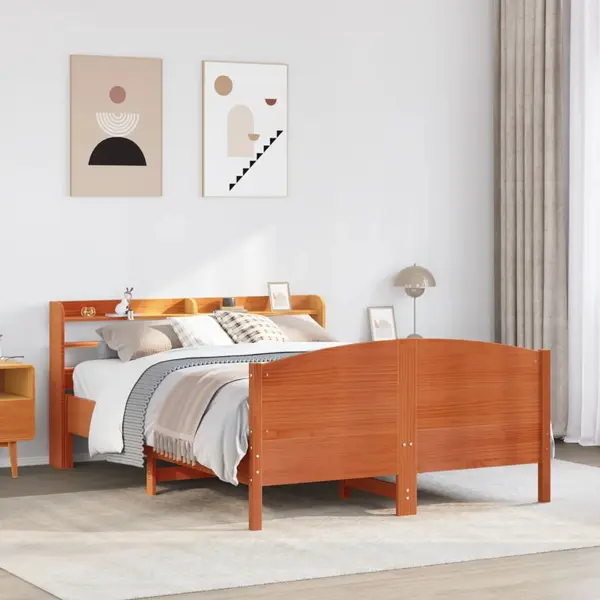 Gossi cadru pat fara saltea, maro ceruit, 135x190 cm, lemn masiv pin