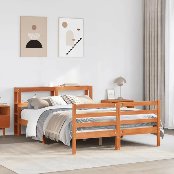 Gossi cadru pat fara saltea, maro ceruit, 135x190 cm, lemn masiv pin