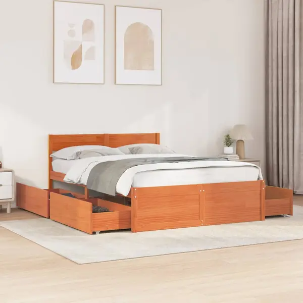 Gossi cadru pat fara saltea, maro ceruit, 135x190 cm, lemn masiv pin