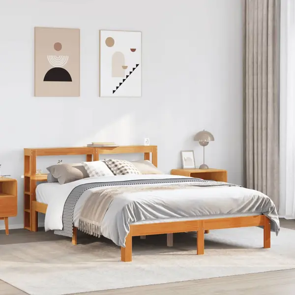 Gossi cadru pat fara saltea, maro ceruit, 135x190 cm, lemn masiv pin
