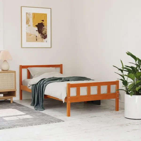 Gossi cadru pat fara saltea, maro ceruit, 75x190 cm, lemn masiv pin