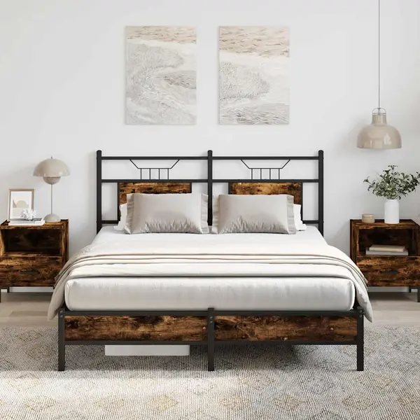 Gossi cadru pat fara saltea stejar afumat, 140x190 cm, lemn prelucrat
