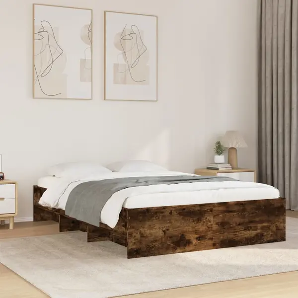 Gossi cadru pat fara saltea stejar afumat, 140x190 cm, lemn prelucrat