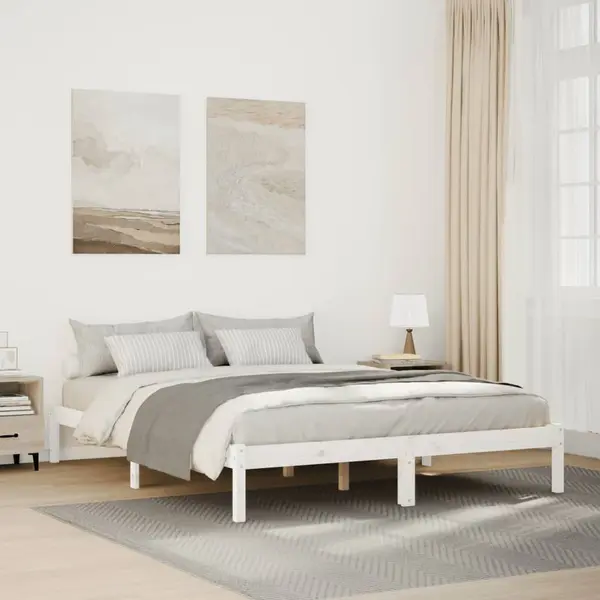 Gossi cadru pat foarte lung fara saltea alb 140x210 cm lemn masiv pin