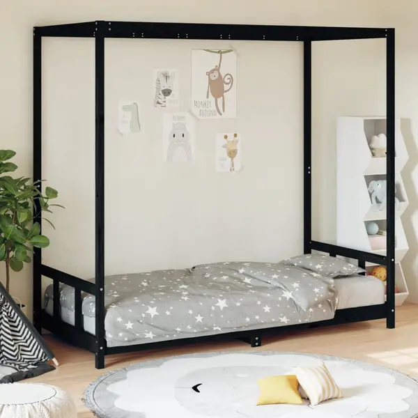 Gossi cadru pat pentru copii, negru, 90x200 cm, lemn masiv de pin