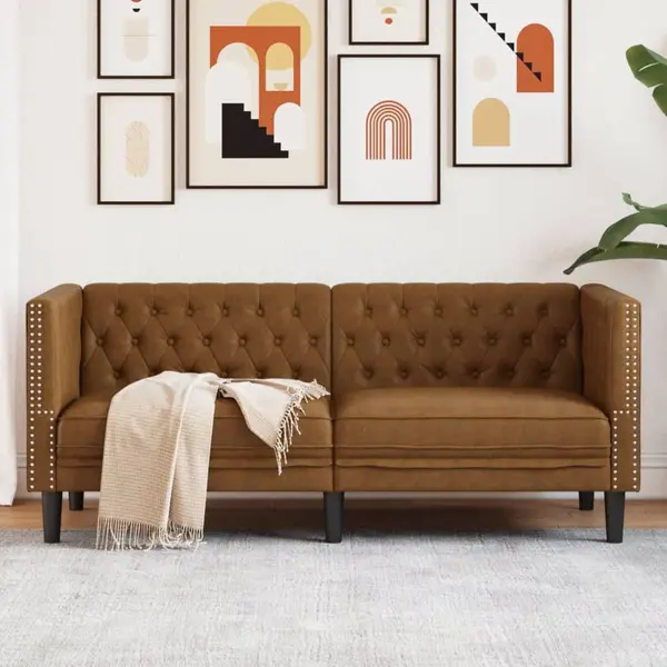 Gossi canapea chesterfield cu 2 locuri maro piele intoarsa ecologica