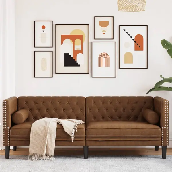 Gossi canapea chesterfield cu perne/3 locuri maro piele intoarsa eco.