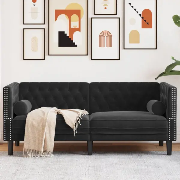 Gossi canapea chesterfield cu pernute/2 locuri, negru, catifea