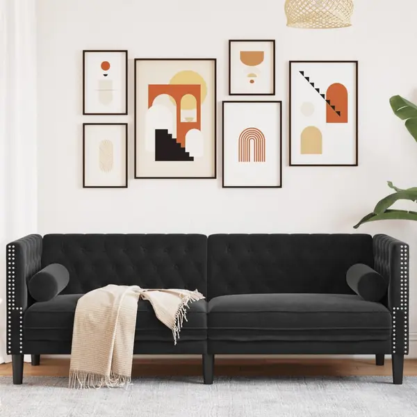 Gossi canapea chesterfield cu pernute/3 locuri, negru, catifea