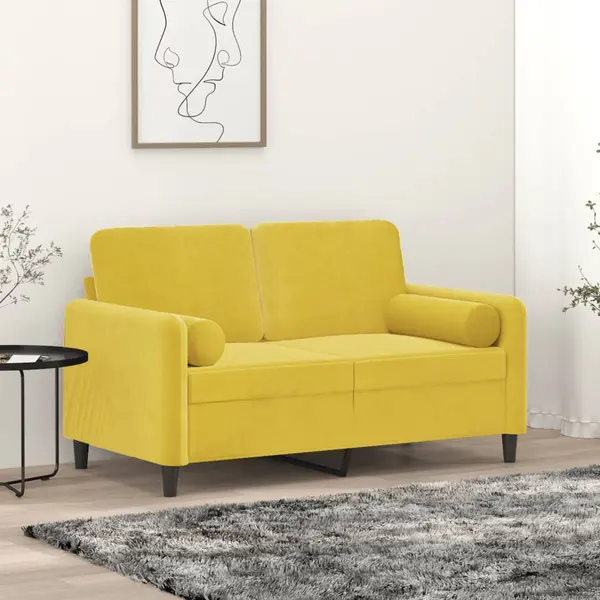 Gossi canapea cu 2 locuri cu pernute, galben, 120 cm, catifea