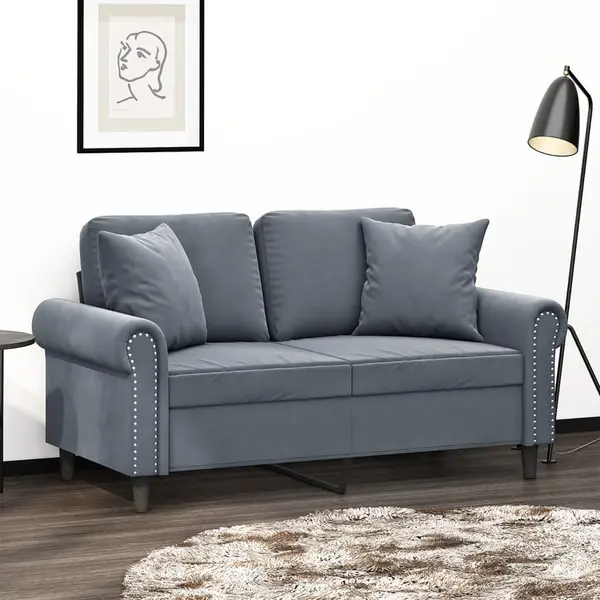 Gossi canapea cu 2 locuri cu pernute, gri inchis, 120 cm, catifea