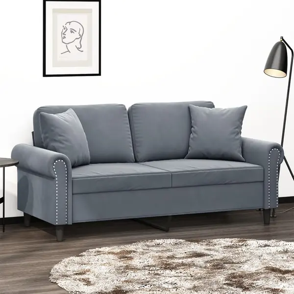 Gossi canapea cu 2 locuri cu pernute, gri inchis, 140 cm, catifea