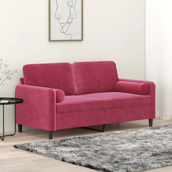 Gossi canapea cu 2 locuri cu pernute, rosu vin, 140 cm, catifea