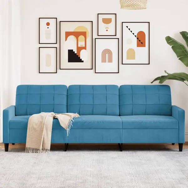 Gossi canapea cu 3 locuri, albastru, 210 cm, material catifea