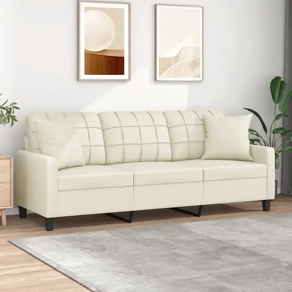 Gossi canapea cu 3 locuri cu pernute, crem, 180 cm, piele ecologica