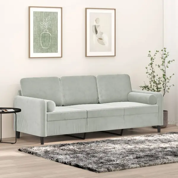 Gossi canapea cu 3 locuri cu pernute, gri deschis, 180 cm, catifea