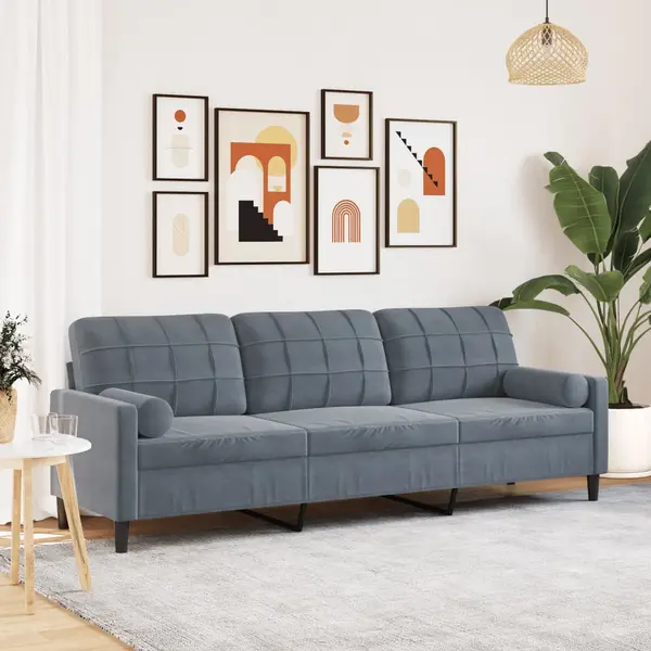 Gossi canapea cu 3 locuri cu pernute, gri inchis, 210 cm, catifea