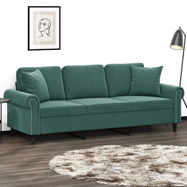 Gossi canapea cu 3 locuri cu pernute, verde inchis, 180 cm, catifea