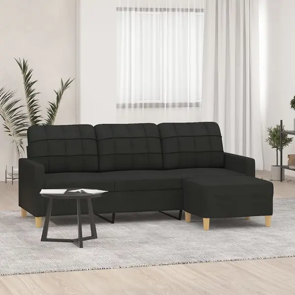 Gossi canapea cu 3 locuri cu taburet, negru, 180 cm, material textil