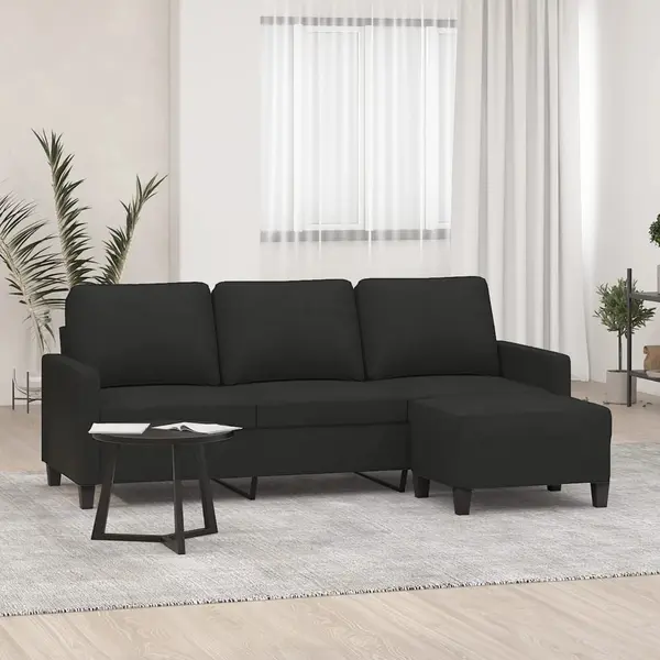 Gossi canapea cu 3 locuri cu taburet, negru, 180 cm, material textil