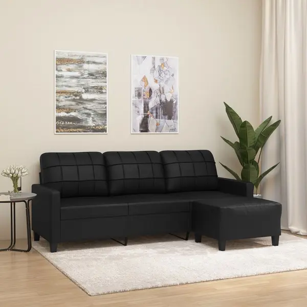 Gossi canapea cu 3 locuri si taburet, negru, 180 cm, piele ecologica
