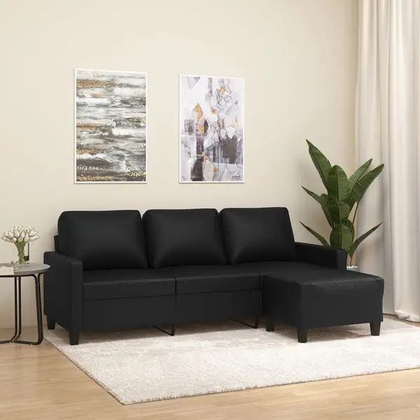 Gossi canapea cu 3 locuri si taburet, negru, 180 cm, piele ecologica