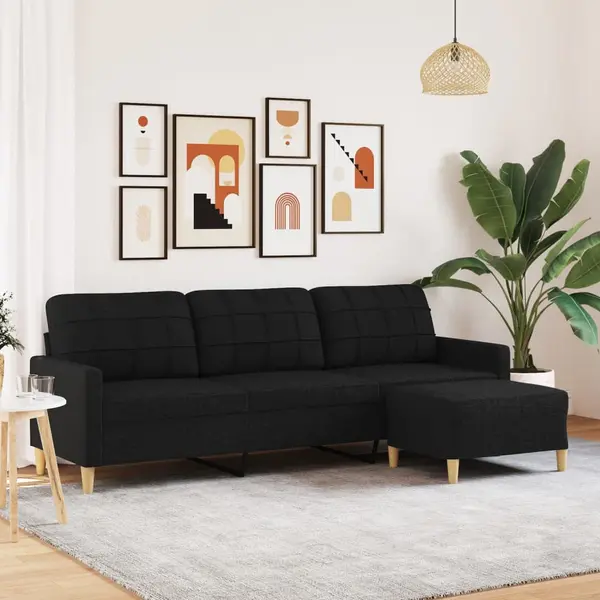 Gossi canapea cu 3 locuri si taburet, negru, 210 cm, textil