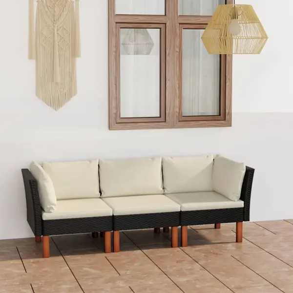 Gossi canapea de gradina cu 3 locuri, cu perne, negru, poliratan