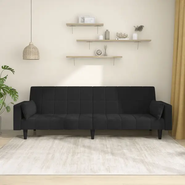 Gossi canapea extensibila cu 2 locuri, 2 perne, negru, catifea