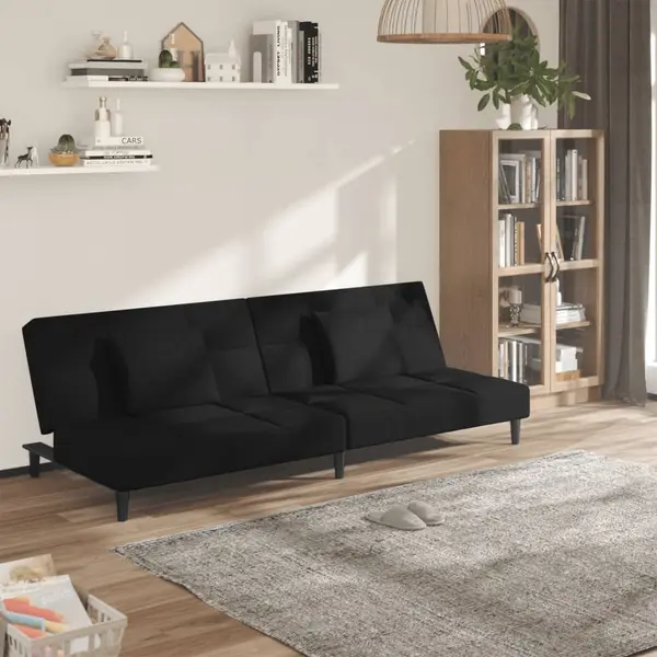 Gossi canapea extensibila cu 2 locuri, 2 perne, negru, catifea