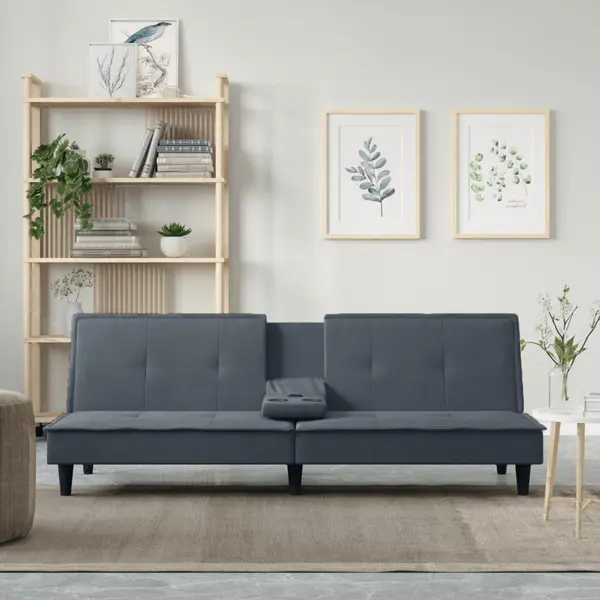 Gossi canapea extensibila cu suporturi de pahar, gri inchis, catifea