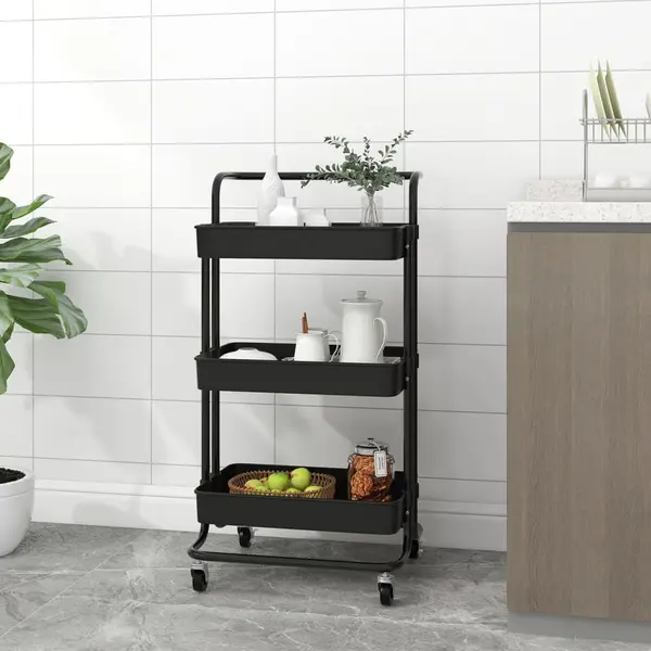 Gossi carucior de bucatarie 3 niveluri negru 42x35x85 cm fier/abs