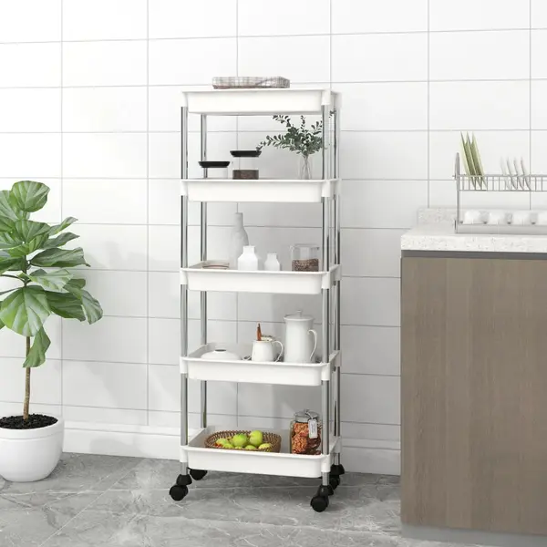 Gossi carucior de bucatarie 5 niveluri alb 42x29x128 cm fier si abs
