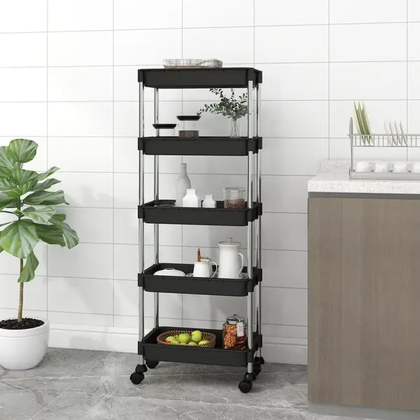 Gossi carucior de bucatarie 5 niveluri negru 42x29x128 cm fier si abs