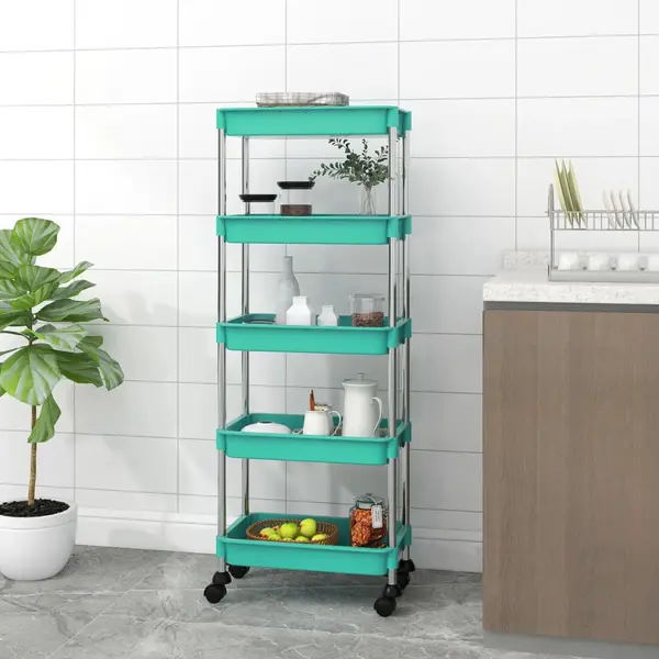 Gossi carucior de bucatarie 5 niveluri turcoaz 42x29x128 cm fier/abs