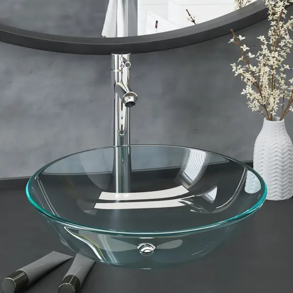 Gossi chiuveta baie cu robinet/scurgere tip push, transparent, sticla