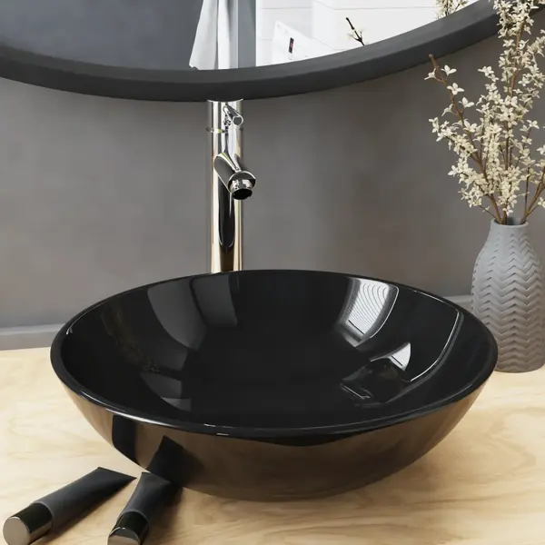 Gossi chiuveta baie robinet si scurgere tip push, negru sticla calita